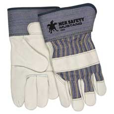 (12) MCR Safety Mustang Leather Palm Gloves Large Blue Striped/Natural 1935LMG