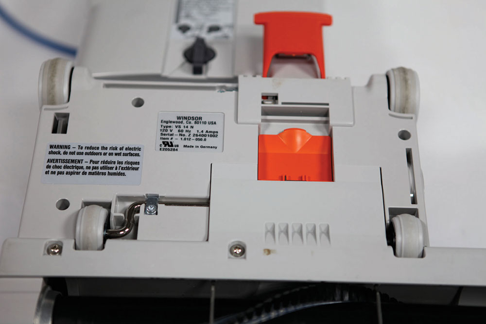 The bottom of the vacuum head for the Windsor Versamatic upright vacuum