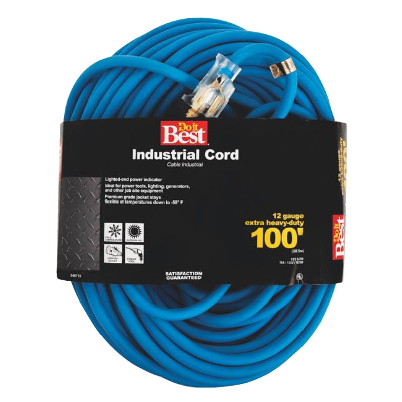 Cold Temperature Extension Power Cord 12/3 Blue 100' Long Heavy