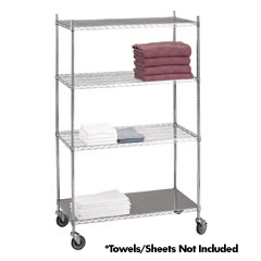 R&amp;B Wire [LC184872SOL] Portable &amp; Adjustable Metal Wire Linen Cart - Chrome - 3 Wire Shelves - 1 Solid Shelf - 18" x 48" x 72"