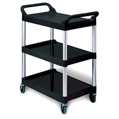 Rubbermaid [3424-88] Light-Duty Utility Cart w/ Brushed Aluminum Uprights - 3 Shelves - Black