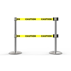 QLine Retractable Dual Belt Barrier X2, Polished Chrome Post, Yellow "Caution" BST-AL6201C-D