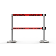 QLine Retractable Dual Belt Barrier X2, Polished Chrome Post, Red "Restricted Area" BST-AL6205C-D