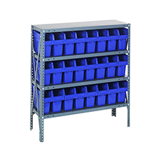 Shelving Unit, 12"D x 36"L x 39"H, Heavy-Duty, 4 Shelf - Blue with 24 Bins 1239-SB801BL