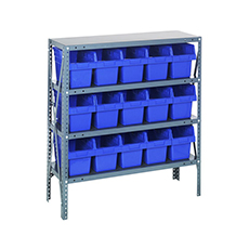 Shelving Unit, 12"D x 36"L x 39"H, Heavy-Duty, 4 Shelf - Blue with 15 Bins 1239-SB802BL