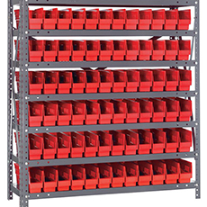 Shelving Unit, 12"D x 36"L x 39"H, Heavy-Duty, 7 Shelf - Red with 72 Bins 1239-100RD