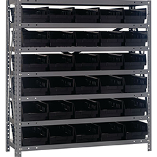 Shelving Unit, 12"D x 36"L x 39"H, Heavy-Duty, 7 Shelf - Black with 30 Bins 1239-102BK