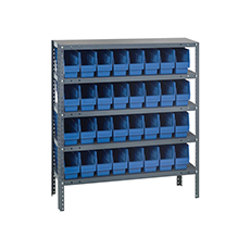 Shelving Unit, 12"D x 36"L x 39"H, Heavy-Duty, 5 Shelf - Blue with 32 Bins 1239-201BL
