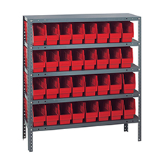 Shelving Unit, 12"D x 36"L x 39"H, Heavy-Duty, 5 Shelf - Red with 32 Bins 1239-201RD