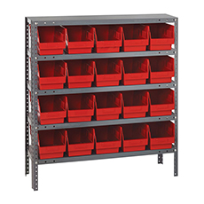 Shelving Unit, 12"D x 36"L x 39"H, Heavy-Duty, 5 Shelf - Red with 20 Bins 1239-202RD