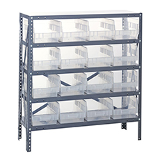 Shelving Unit, 12"D x 36"L x 39"H, Heavy-Duty, 5 Shelf - Clear with 16 Bins 1239-207CL