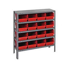 Shelving Unit, 12"D x 36"L x 39"H, Heavy-Duty, 5 Shelf - Red with 16 Bins 1239-207RD