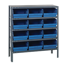 Shelving Unit, 12"D x 36"L x 39"H, Heavy-Duty, 5 Shelf - Blue with 12 Bins 1239-209BL