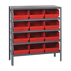 Shelving Unit, 12"D x 36"L x 39"H, Heavy-Duty, 5 Shelf - Red with 12 Bins 1239-209RD