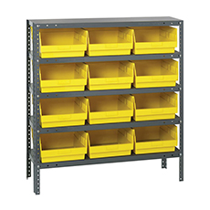 Shelving Unit, 12"D x 36"L x 39"H, Heavy-Duty, 5 Shelf - Yellow with 12 Bins 1239-209YL
