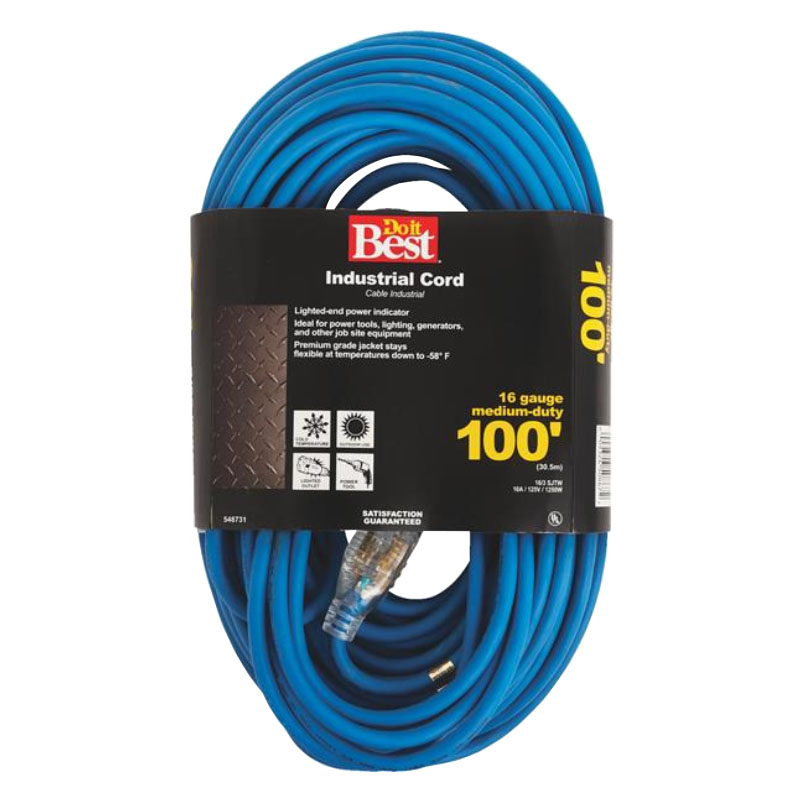 Cold Temperature Extension Power Cord 16/3 Blue 100' Long Heavy