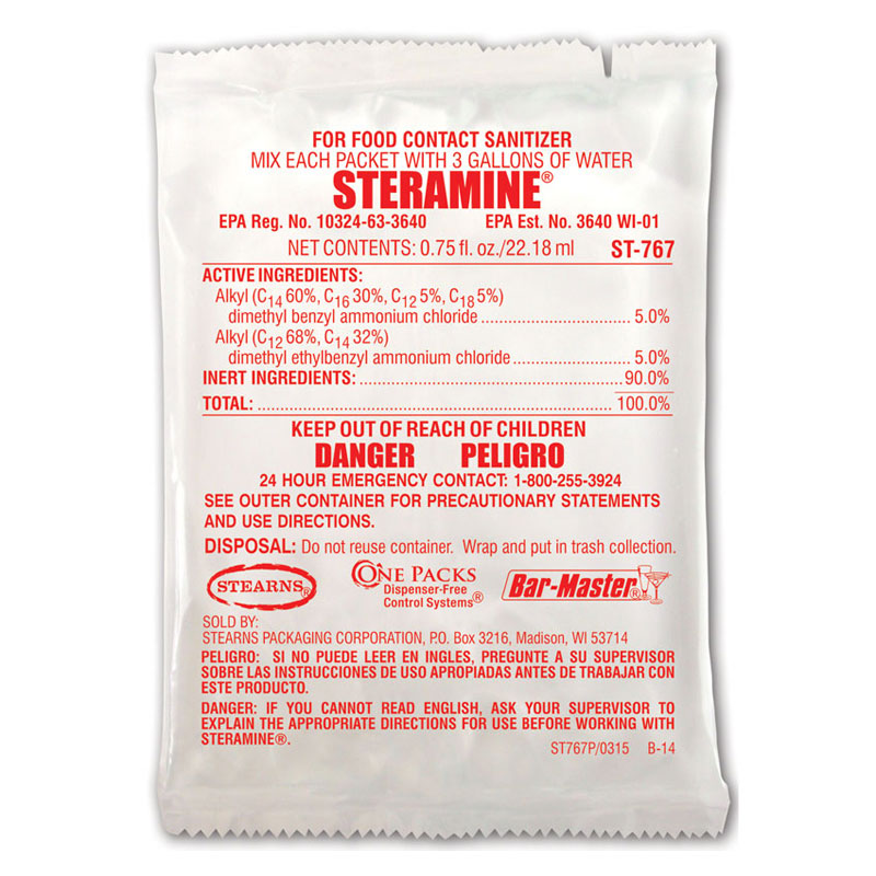 Stearns Bar Master Steramine Sanitizer Disinfectant & Deodorizer - (100) 0.75 fl. oz. Packets
