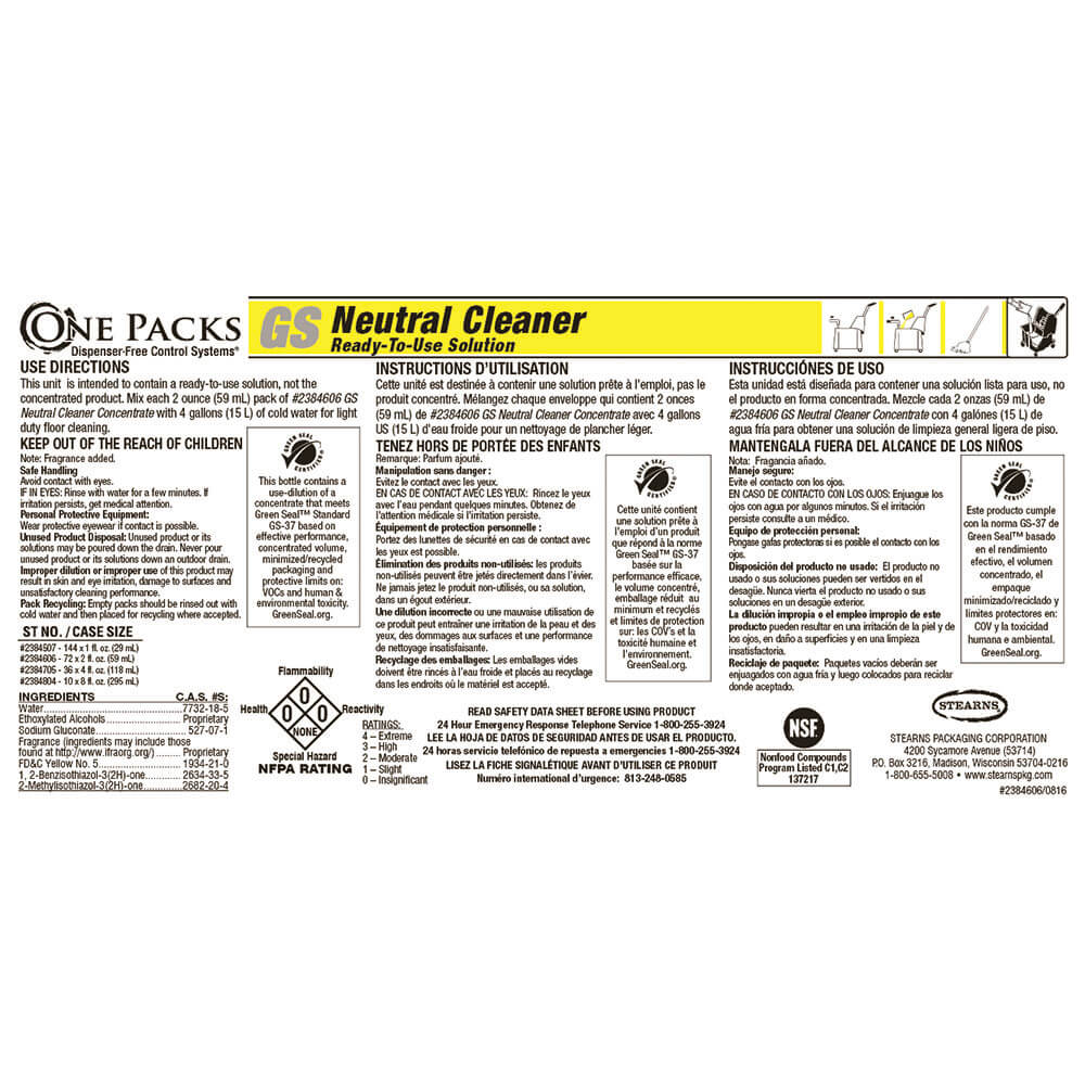 Stearns One Packs ST-845 GS Neutral Cleaner Concentrate - Label
