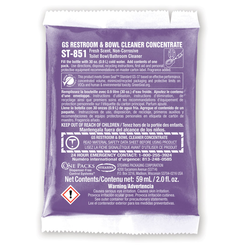 Stearns One Packs GS Restroom & Bowl Cleaner Liquid Concentrate - (10) 10 2 fl. oz. Packets