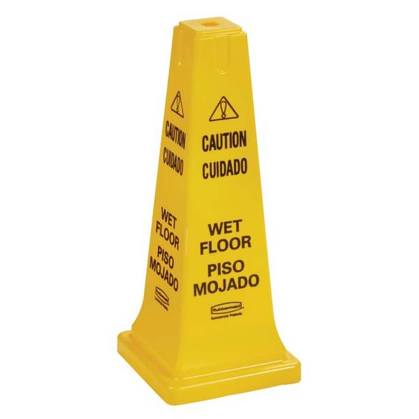 Rubbermaid [6277-77] 4-Sided Safety Cone - Yellow - Caution/Wet Floor Symbol (Multilingual) - 25 3/4