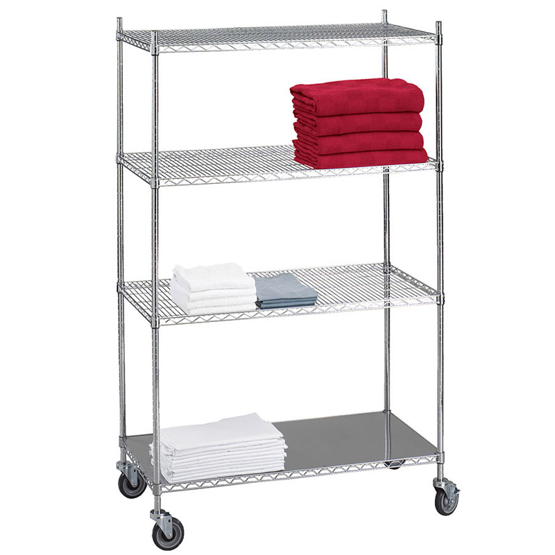 R&B Wire Portable & Adjustable Linen Cart - 3 Wire Shelves - 1 Solid Shelf - 18