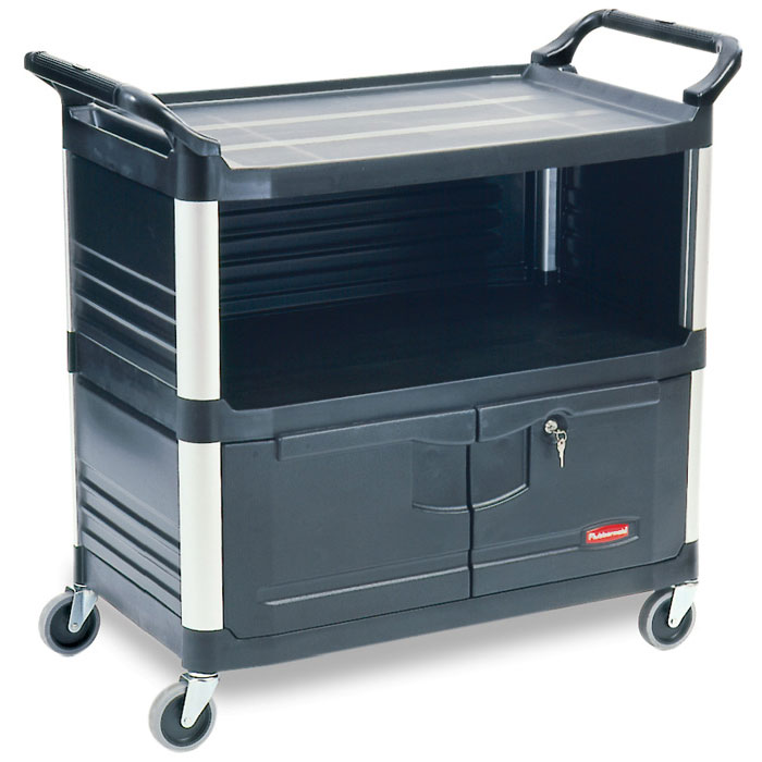 Rubbermaid [4095] Xtra™ AV/Equipment Cart w/ Lockable Enclosed Shelf - 3 Shelves - Black